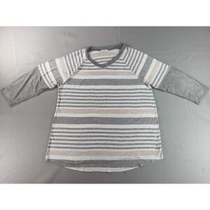 e.Luna Striped Raglan Sleeve Top Womens S Gray/Beige/White Cotton Blend Crewneck
